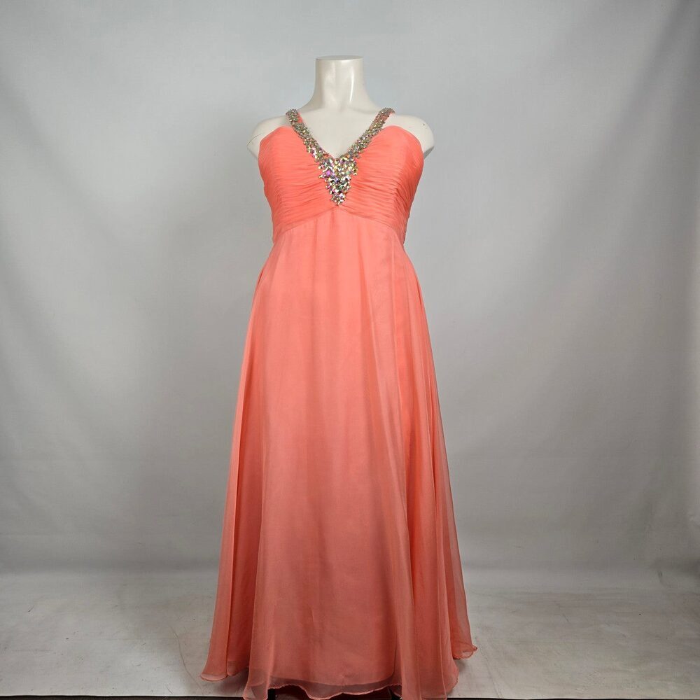 Night Moves Coral Chiffon Evening Gown Size 20W Beaded Formal Dress Flowy & Ele